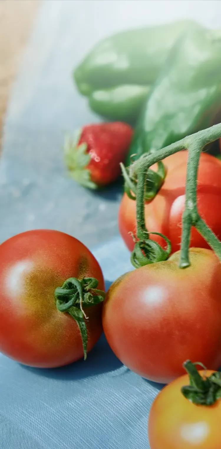 SOLAMENT®が練り込まれた農業用遮熱ネットの上に置かれた、みずみずしいトマトのイメージビジュアル