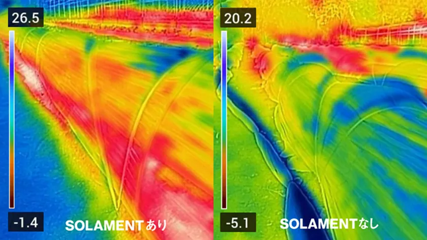 SOLAMENT®の遮熱ネットを使用したトンネル栽培と通常のトンネル栽培での温度差を示すビジュアル