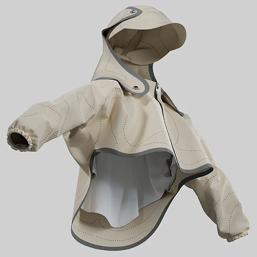 HOPE WEAR for Playの子供用ジャケットの吊り下げ画像。表層と白いメッシュの間に空間をつくる2層構造で、遮熱効果を引き上げる。