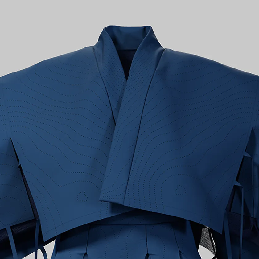 HOPE WEAR for Cultureの上半身クローズアップ。濃紺のパンチング生地全体で、空気を取り込む通気構造を示している。