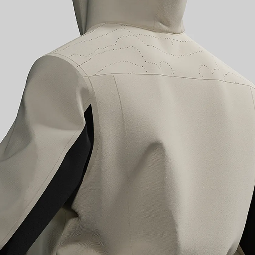 HOPE WEAR for Farm Type A（農作業用ウェア）上部背面クローズアップ。ベージュヨークに点線の波模様デザイン、脇には黒い切り替え。